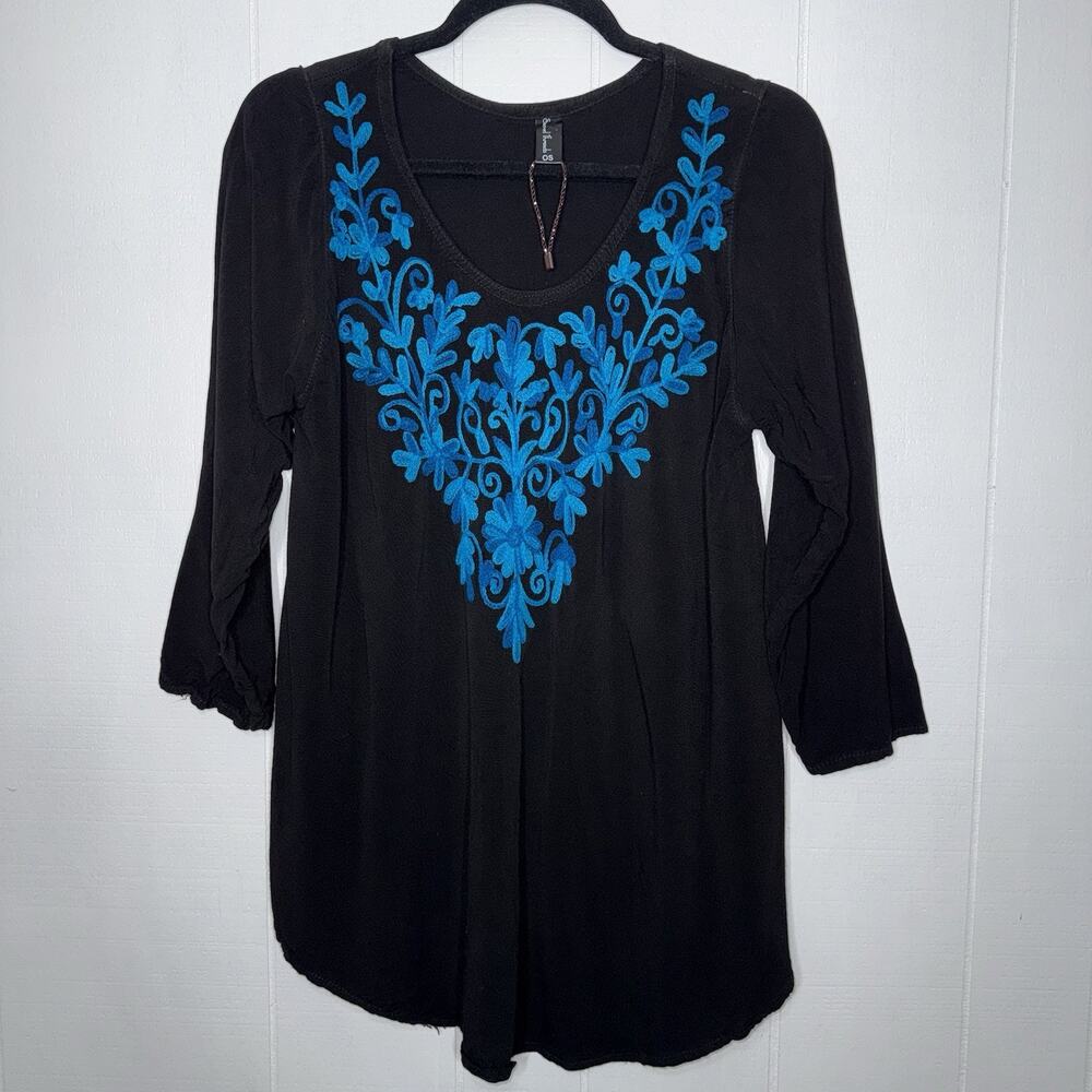 Sacred Threads Women’s Floral Embroidered Boho Top Black Blue One Size- Fits S/M